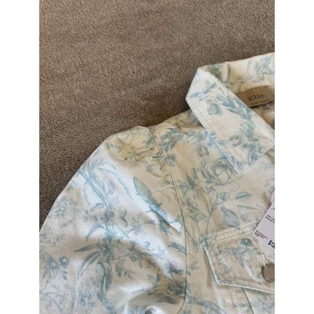 ELIE TAHARI Floral Denim Jacket Cropped Raw Hem White Blue Size M Cotton - Picture 11 of 16